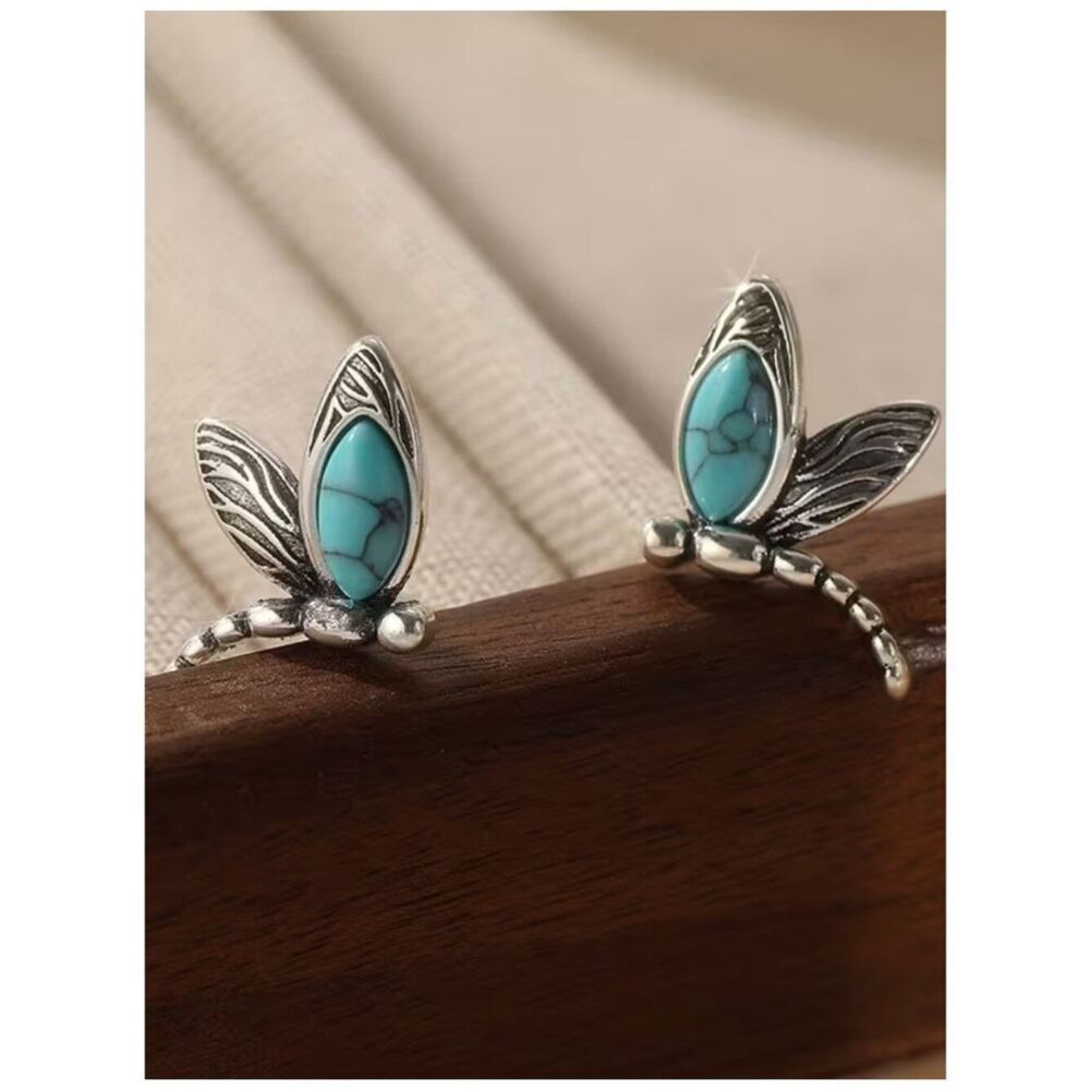 Bohemian Dragonfly Post Earrings Silhouette Style Silvery & Inlaid Turquoise
